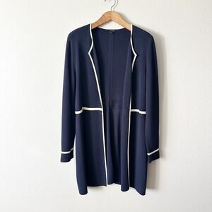 Talbots‎ Navy White Trim Mid-length Knit Open Front Cardigan Sweater Size Large